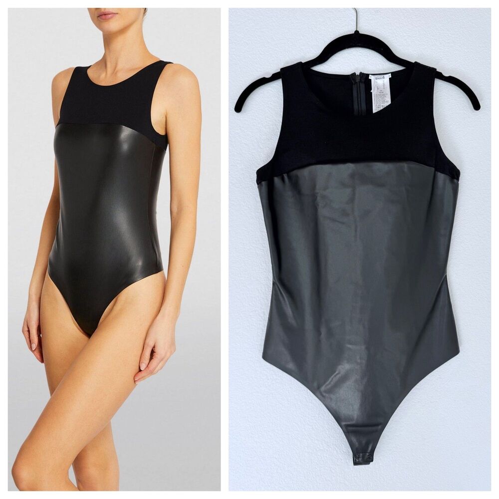 NWT Wolford Eco Vegan Faux Leather Sleeveless Thong Bodysuit in Black 36 (US 4)